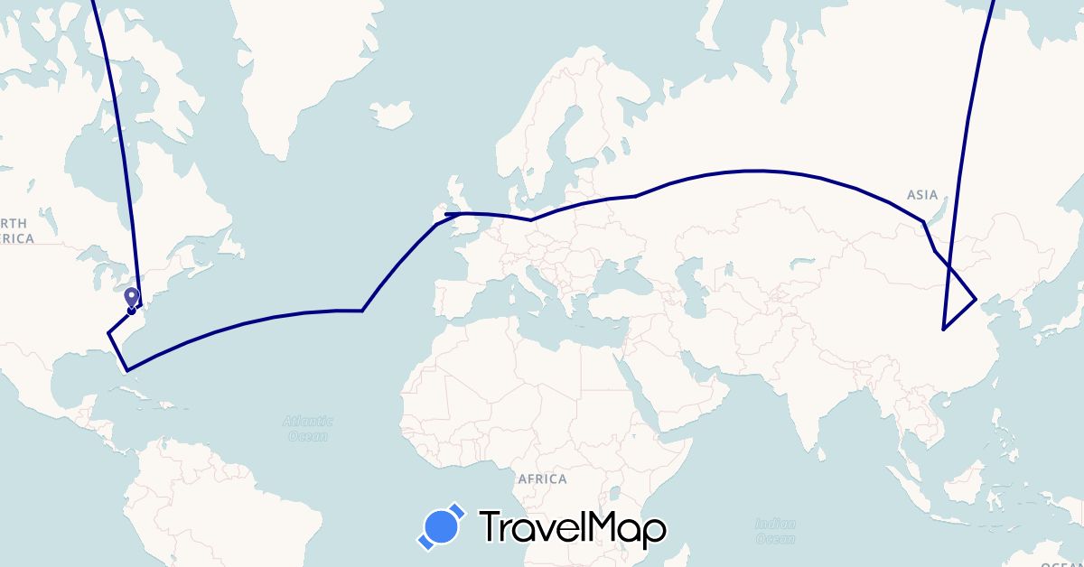 TravelMap itinerary: driving in China, Germany, United Kingdom, Ireland, Mongolia, Portugal, Russia, United States (Asia, Europe, North America)